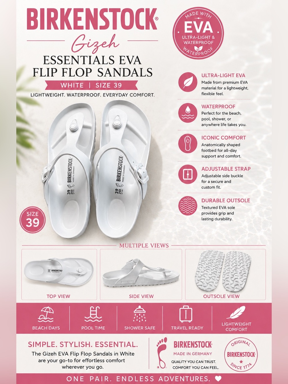 Birkenstock - Gizeh Essentials EVA Flip Flop Sandals White Size 39